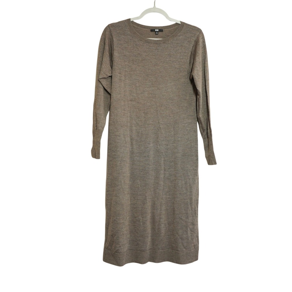 Uniqlo Womens Long Sleeve Crew Neck Fine Knit Sweater Dress Taupe Brown Medium